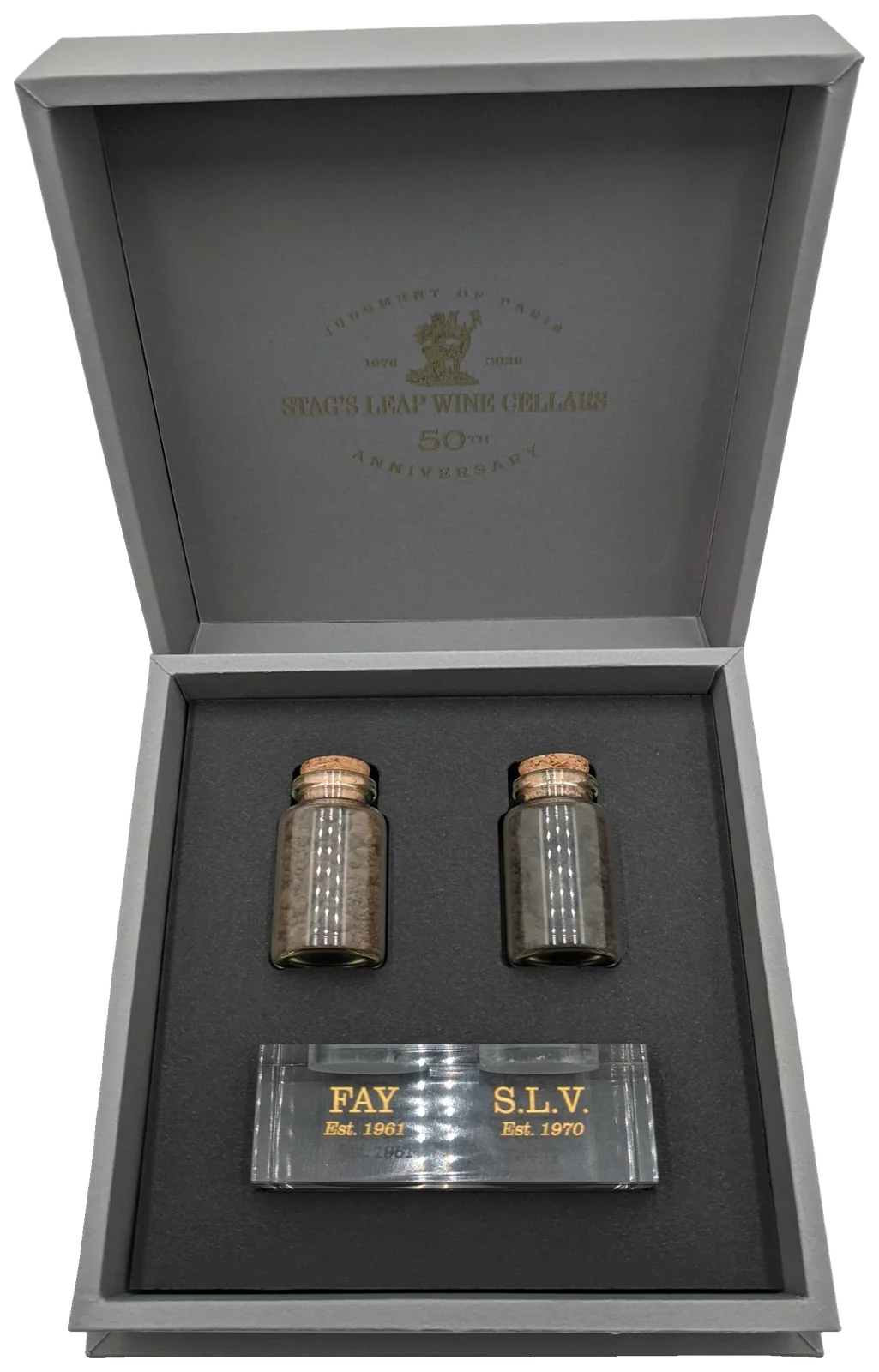 Stag's Leap Wine Cellars 50th anniversary presentation box with FAY and S.L.V. soil vials and an engraved crystal block